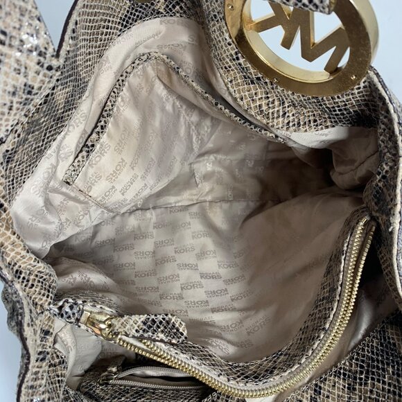 MICHAEL KORS Fulton Python Embossed Leather Large Shoulder Bag - Gray/Tan/Black - Picture 9 of 14